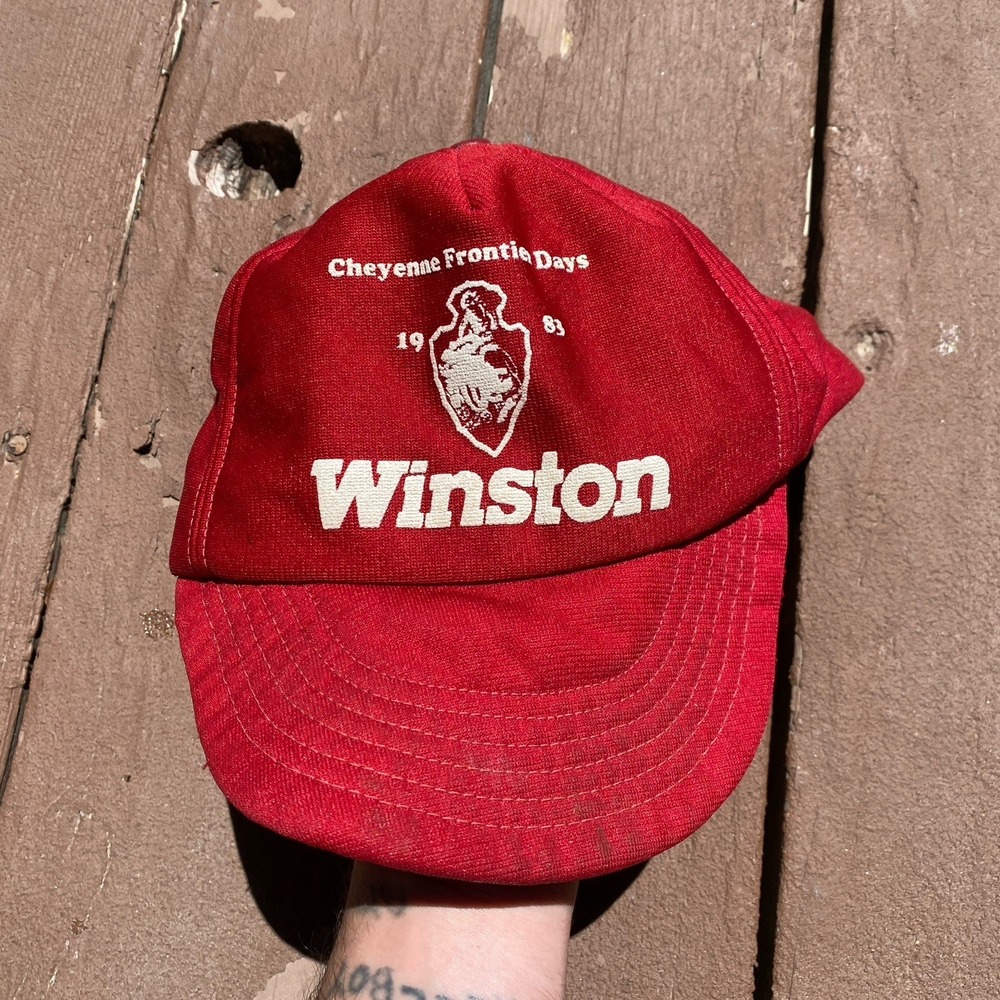 Vintage 80s Winston Cigarettes Trucker Hat 1983 Cheyenne Wyoming Rodeo Red